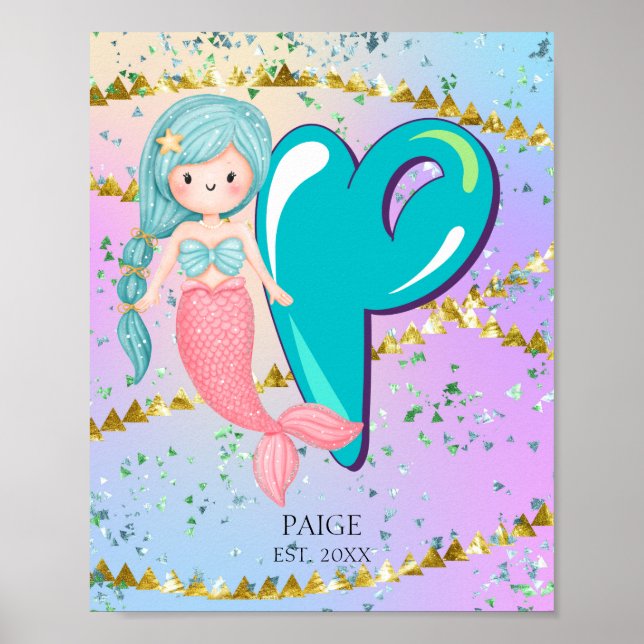 Póster Letra P Monograma Acuarela Cuta Cristales De Siren (Frente)