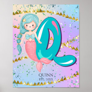 Póster Letra Q Monograma Acuarela Cute Sirena Nursera