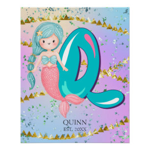 Póster Letra Q Monograma Acuarela Cute Sirena Nursera