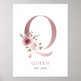 Póster Letra Q Monograma Acuarela Rosa Floral Nursera