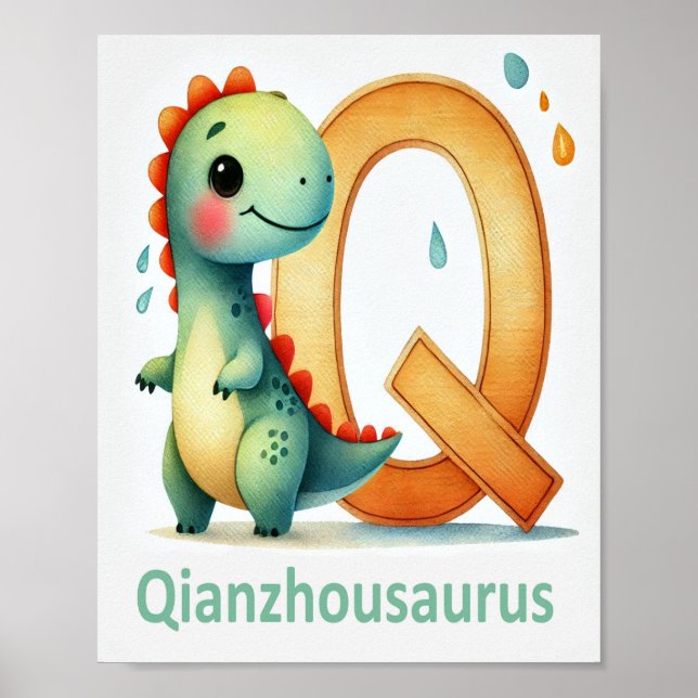 Póster Letra Q, Poster de acuarela del alfabeto de dinosa (Frente)