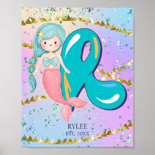 Póster Letra R Monograma Acuarela Cuta Cristales De Siren