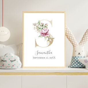 Póster Letra S dorada con flores rosas y blancas para cua