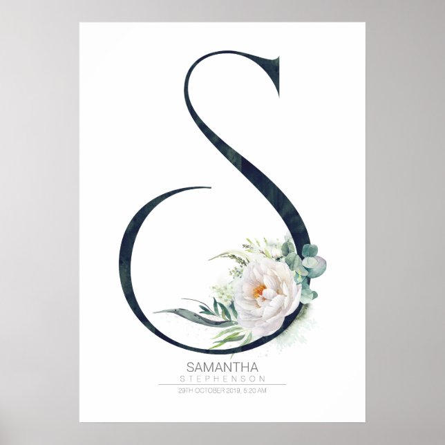 Póster Letra S Monograma Flores blancas y vegetación (Frente)