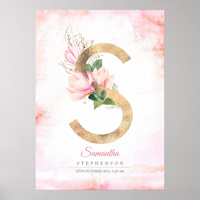 Póster Letra S Monograma Oro Salta Floral Magnolia Rosa (Frente)