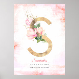 Póster Letra S Monograma Oro Salta Floral Magnolia Rosa