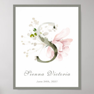 Póster Letra S Monograma Poster De Enfermería Floral Rosa