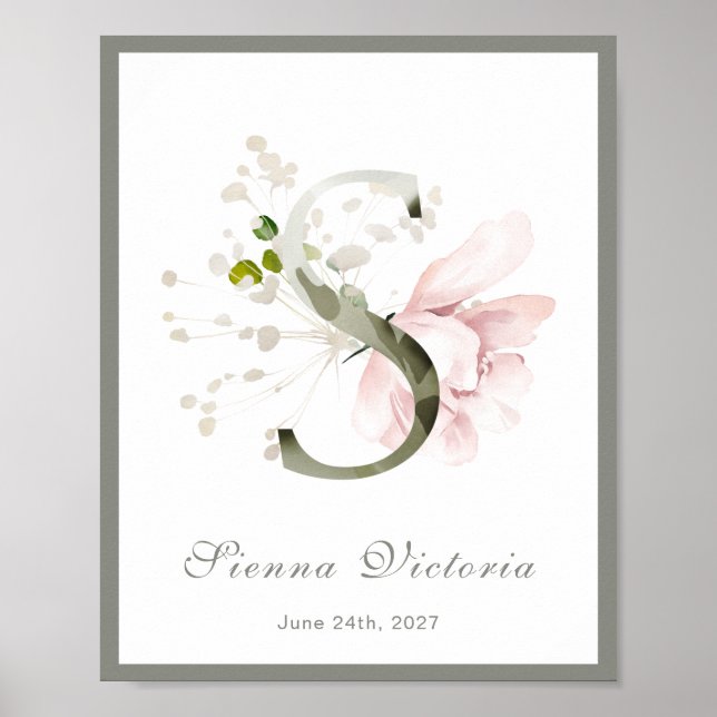 Póster Letra S Monograma Poster De Enfermería Floral Rosa (Frente)