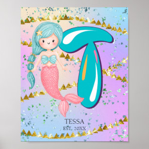 Póster Letra T Monograma Acuarela Cuta Cristales De Siren