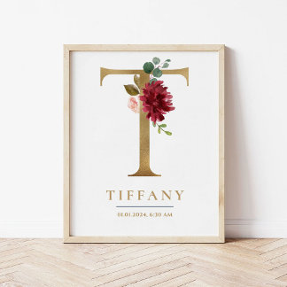 Póster Letra T Monograma Nombre Marsala Nursera Floral