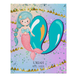 Póster Letra U Monograma Acuarela Cute Cristales De Siren