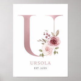 Póster Letra U Monograma Acuarela Rosa Floral Nursera