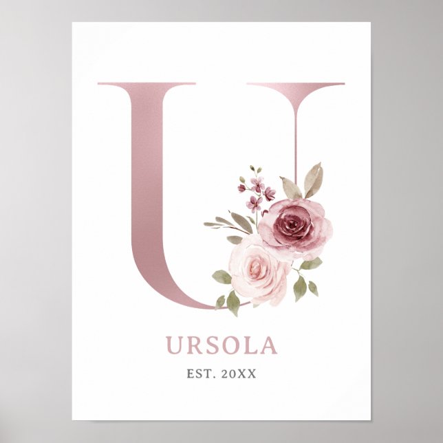 Póster Letra U Monograma Acuarela Rosa Floral Nursera (Frente)