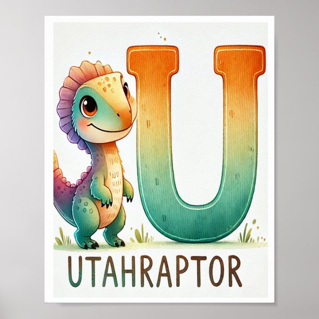 Póster Letra U, Poster de acuarela del alfabeto de dinosa (Frente)