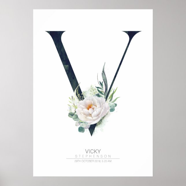 Póster Letra V Monograma Flores Blancas y Verdor (Frente)