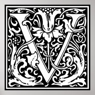 Póster Letra V Monograma Medieval Art Nouveau