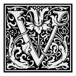 Póster Letra V Monograma Medieval Art Nouveau