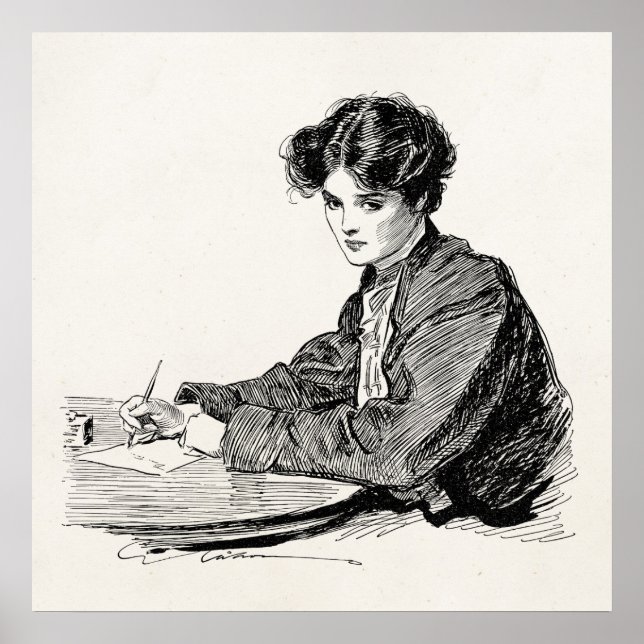 Póster Letra vintage Gibson Chica eduardiana que escribe (Frente)