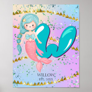 Póster Letra W Monograma Acuarela Cuta Cristales De Siren