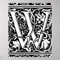 Letra W Monograma medieval Vintage inicial