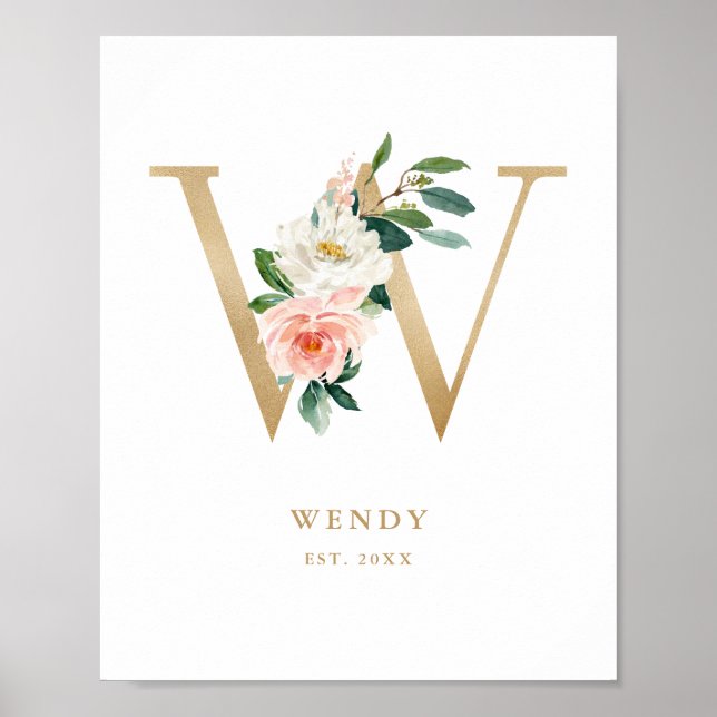 Póster Letra W Nursera de Relieve metalizado dorado flora (Frente)