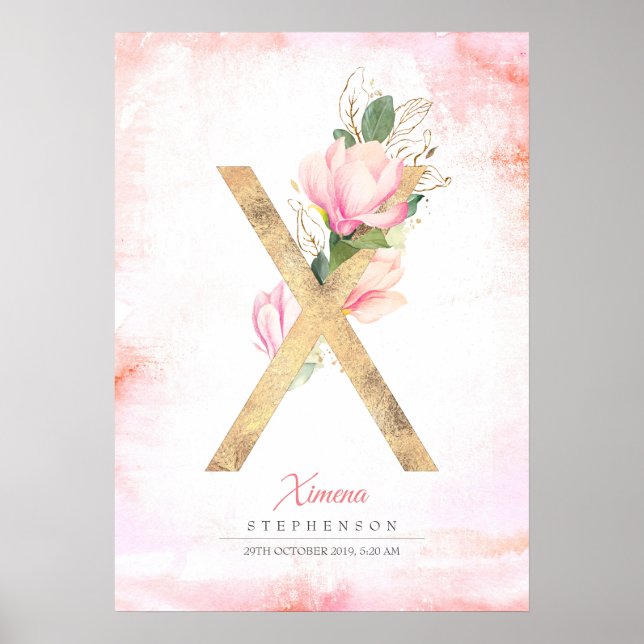 Póster Letra X Monograma Oro Salta Magnolia Rosa Floral (Frente)