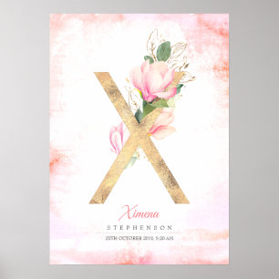 Póster Letra X Monograma Oro Salta Magnolia Rosa Floral