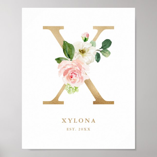 Póster Letra X Nursera de Relieve metalizado dorado flora (Frente)