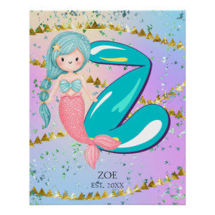 Póster Letra Z Monograma Acuarela Cuta Sirena Nursera