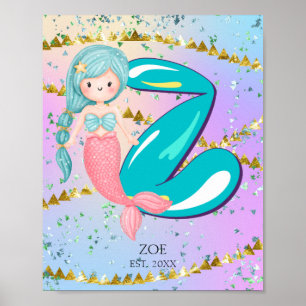 Póster Letra Z Monograma Acuarela Cuta Sirena Nursera