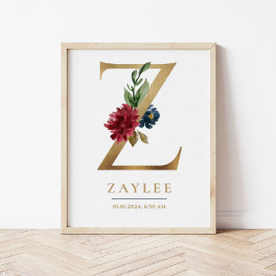 Póster Letra Z Nombre Monograma Marsala Nursera Floral