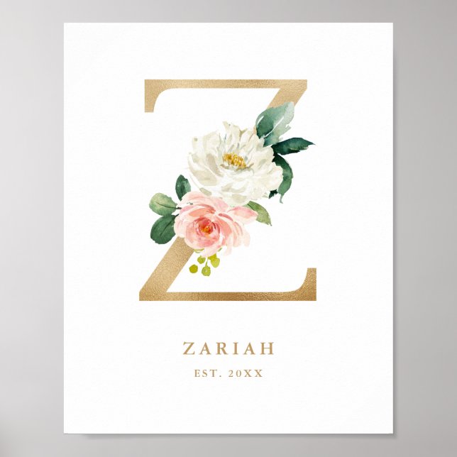 Póster Letra Z Nursera de Relieve metalizado dorado flora (Frente)