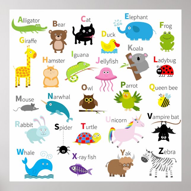 Póster Letras de alfabeto animal (Frente)
