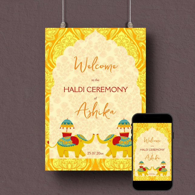 Póster Letras de bienvenida amarillas para elefantes boda (Haldi welcome sign poster instant download yellow arch frame cute Indian wedding elephants)