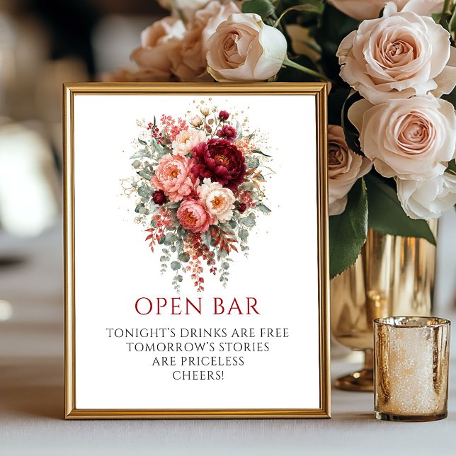Póster Letrero Boho Floral Rojo Intenso Opulento de Bar A (Opulent Deep Red Boho Floral Open Bar 8x10 Sign

)