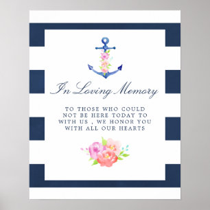 Póster Letrero conmemorativo de boda floral náutico acuar