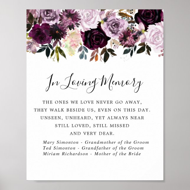 Póster Letrero conmemorativo de boda floral rosa morado (Frente)