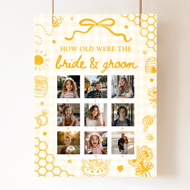Póster Letrero de Abeja de Miel Amarilla Qué Edad Tenían  (Yellow Honey Bee How Old Were Bride & Groom Sign)