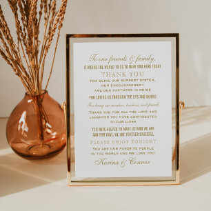 Póster Letrero de agradecimiento de boda en oro elegante