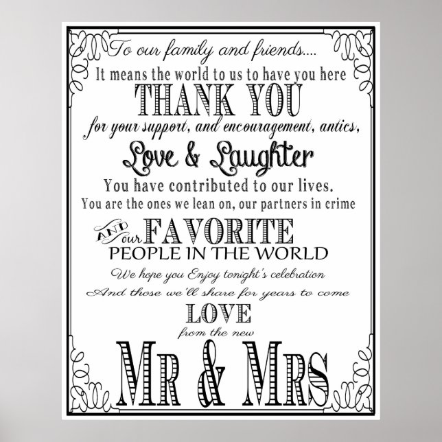 Póster Letrero de agradecimiento de boda Negro y Blanco (Frente)