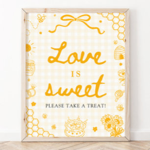 Póster Letrero de Amor de Abeja de Miel de Gingham Amaril
