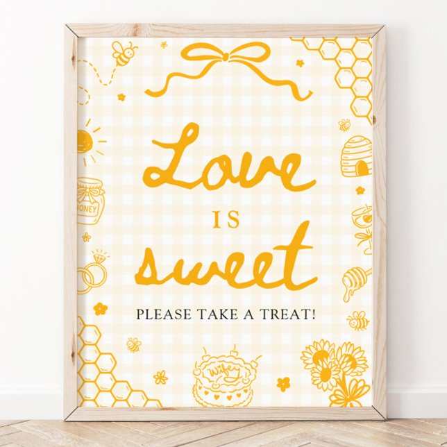 Póster Letrero de Amor de Abeja de Miel de Gingham Amaril (Modern Yellow Gingham Honey Bee Love is Sweet Sign)