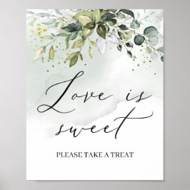 Póster Letrero de amor de follaje verde acuarela es dulce