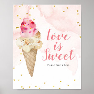 Póster Letrero de Amor de Helado de Rosa y Dorado Es Dulc