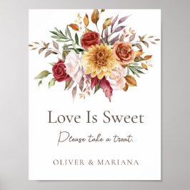 Póster Letrero de amor dulce de boda floral marrón blanco
