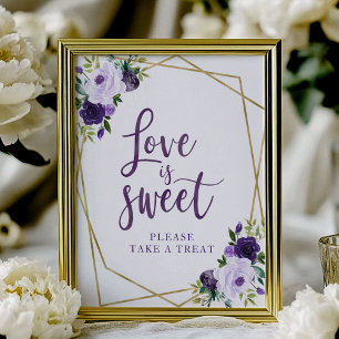 Póster Letrero de Amor Dulce Floral Dorado Púrpura