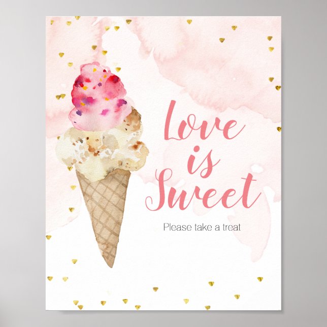 Póster Letrero de Amor es Dulce Helado Rosa y Oro (Frente)