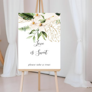 Póster Letrero de amor floral con follaje tropical dorado
