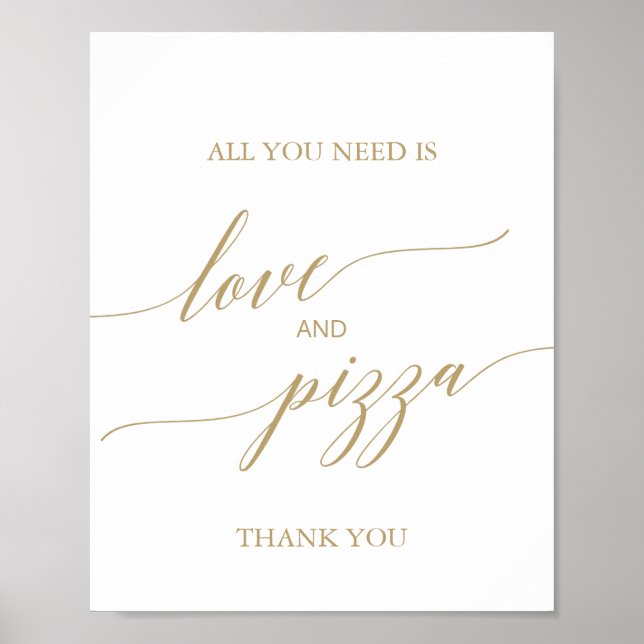 Póster Letrero de amor y pizza con caligrafía dorada plan (Frente)