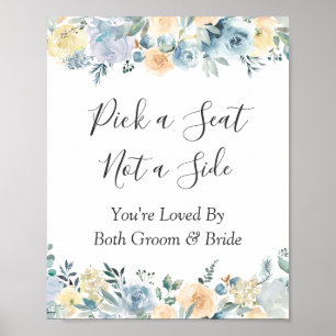 Póster Letrero de Asiento de Boda Floral Azul